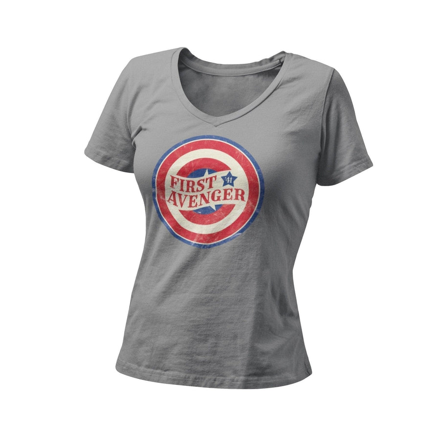 41 Avenger Women's V Neck Tee | Superhero Comic Con Graphic T-Shirt | Assembled Superhero Tee | Unique Comics Shirt | First Avenger T-Shirt - Deep Dive Threads