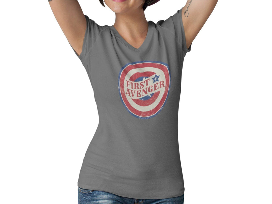 41 Avenger Women's V Neck Tee | Superhero Comic Con Graphic T-Shirt | Assembled Superhero Tee | Unique Comics Shirt | First Avenger T-Shirt - Deep Dive Threads