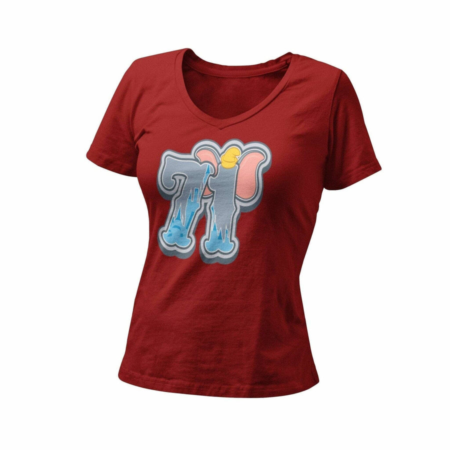 71 Retro Flying Elephant Opening Day Women’s Fitted V Neck Shirt | Vintage Theme Park Ride Graphic T-Shirt | Orlando Bachelorette Party - Deep Dive Threads